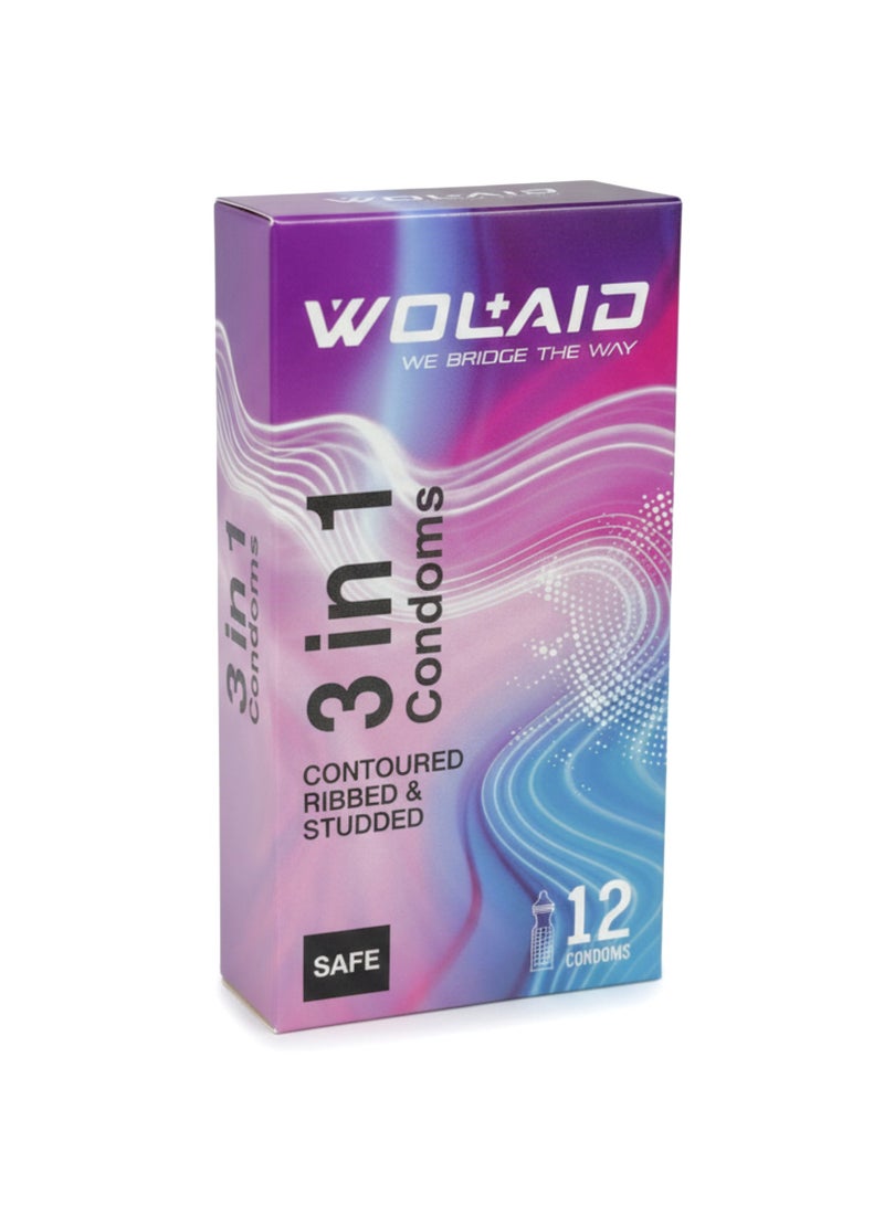 WOLAID 3-in-1 Premium Condoms – Contoured, Ribbed, and Studded for Triple Sensation – Pack of 12 - Image 1