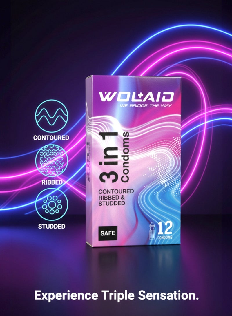 WOLAID 3-in-1 Premium Condoms – Contoured, Ribbed, and Studded for Triple Sensation – Pack of 12 - Image 2