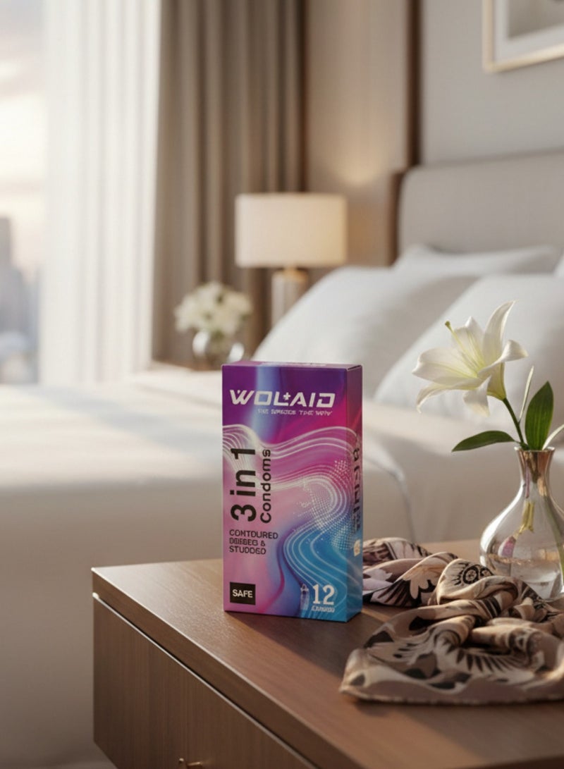 WOLAID 3-in-1 Premium Condoms – Contoured, Ribbed, and Studded for Triple Sensation – Pack of 12 - Image 3