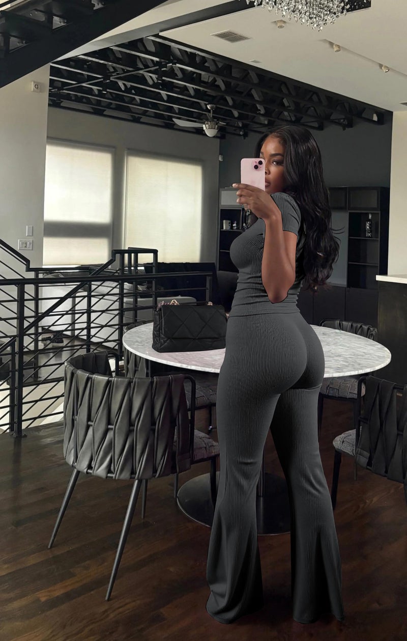 HBQ Women Two Piece Outfit Ribbed Short Sleeve V Neck Polo Top and Flare Pants Casual Lounge Sets Tracksuit-Dark Grey-L - Image 3