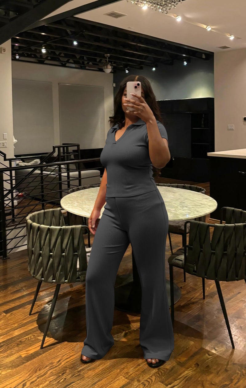 HBQ Women Two Piece Outfit Ribbed Short Sleeve V Neck Polo Top and Flare Pants Casual Lounge Sets Tracksuit-Dark Grey-L - Image 2