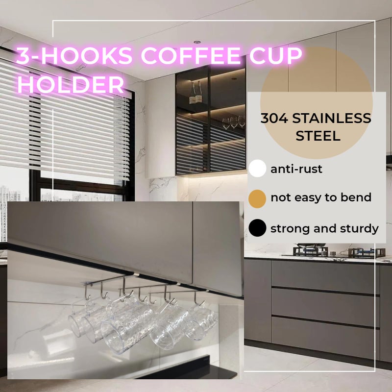SAYHAHA Mug Hooks Under Cabinet , 304 Stainless Steel Cup Hooks for Hanging Under Shelf, Mug Organizer Rack with 6 Hooks for Displaying Mugs, Coffee Cups and Kitchen Utensils,Fit for 0.8" or Less thickness - Image 3