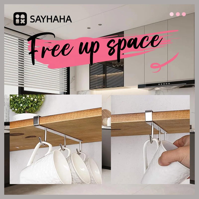 SAYHAHA Mug Hooks Under Cabinet , 304 Stainless Steel Cup Hooks for Hanging Under Shelf, Mug Organizer Rack with 6 Hooks for Displaying Mugs, Coffee Cups and Kitchen Utensils,Fit for 0.8" or Less thickness - Image 2