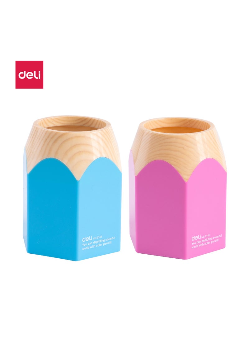 Deli E9145 Pen Holder - High-Quality PS Material, 87x76x104mm, Light Red/Light Blue, Playful Pencil Design - Image 1