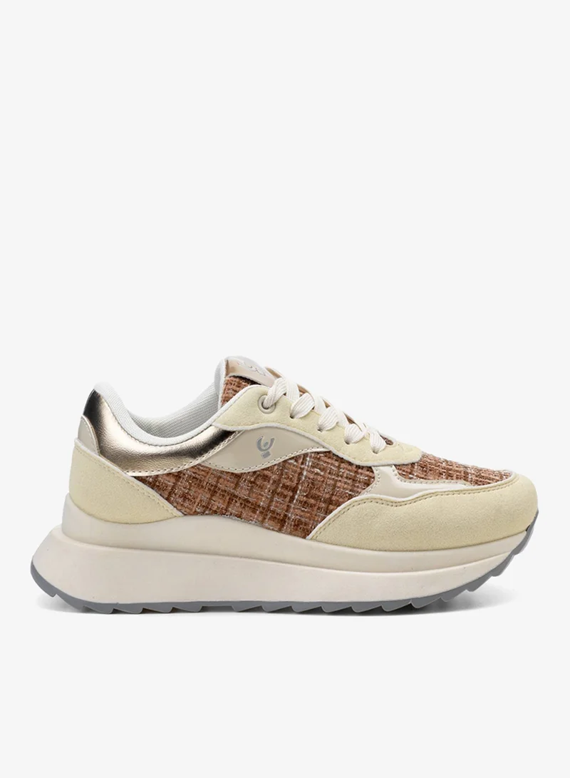 فريدي Freddy Women’s Platform Sneakers – Nude Beige Suede & Textured Fabric Casual Shoes with Chunky Sole