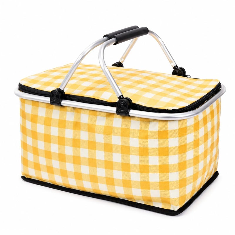 High quality 25L Insulated Picnic Basket Cooler Bag Foldable Leak Proof Storage Basket With Aluminum Handles For Travel Beach Camping Shopping Outdoor Food Beverage Storage 20x24x40 cm (Checkered Yellow) - Image 1