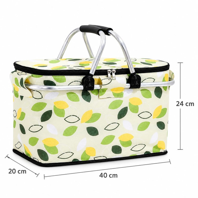 High quality 25L Insulated Picnic Basket Cooler Bag Foldable Leak Proof Storage Basket With Aluminum Handles For Travel Beach Camping Shopping Outdoor Food Beverage Storage 20x24x40 cm (Checkered Yellow) - Image 3