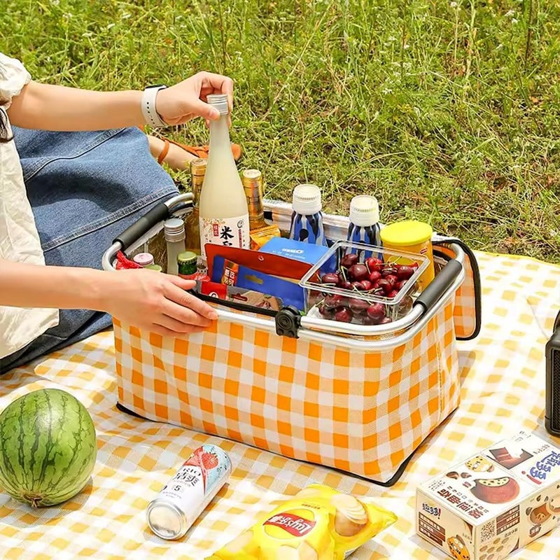 High quality 25L Insulated Picnic Basket Cooler Bag Foldable Leak Proof Storage Basket With Aluminum Handles For Travel Beach Camping Shopping Outdoor Food Beverage Storage 20x24x40 cm (Checkered Yellow) - Image 4