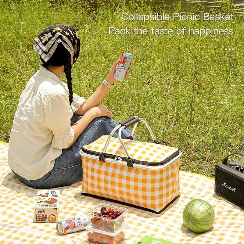High quality 25L Insulated Picnic Basket Cooler Bag Foldable Leak Proof Storage Basket With Aluminum Handles For Travel Beach Camping Shopping Outdoor Food Beverage Storage 20x24x40 cm (Checkered Yellow) - Image 2