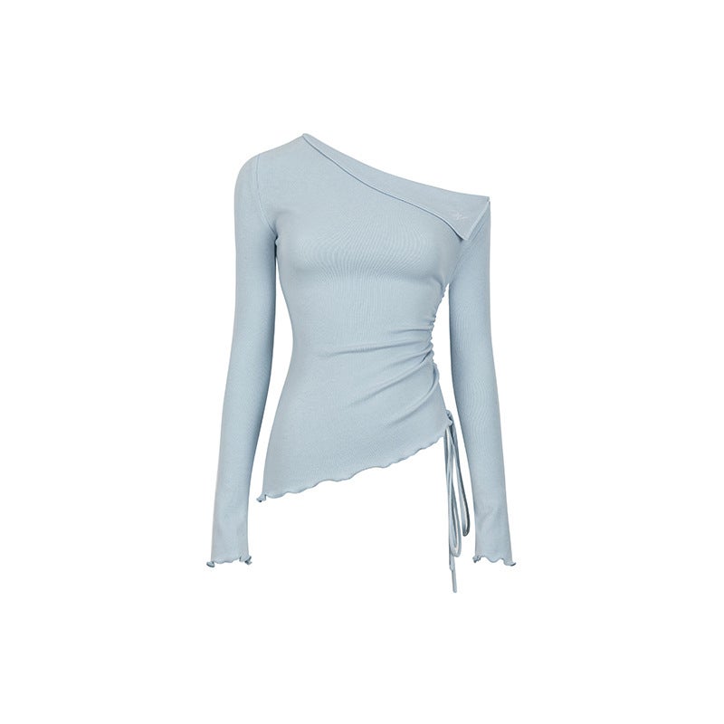French Temperament Red Slant Shoulder Long-Sleeved T-Shirt Women'S Early Autumn A And Sough Top Thin Design Sense Drawstring T-Shirt - Image 1