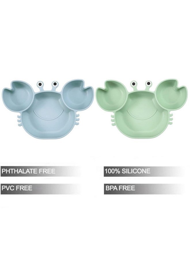باندا إير مجموعة من طبقي شفط سيليكون للأطفال من باندا إير، طبق طعام مقسم غير قابل للكسر للأطفال الصغار مع عبوتين من الملاعق للتغذية الذاتية، مجموعة أدوات تغذية للأطفال الصغار، مستلزمات طعام للأطفال، على شكل سرطان البحر - أزرق وأخضر - Image 1