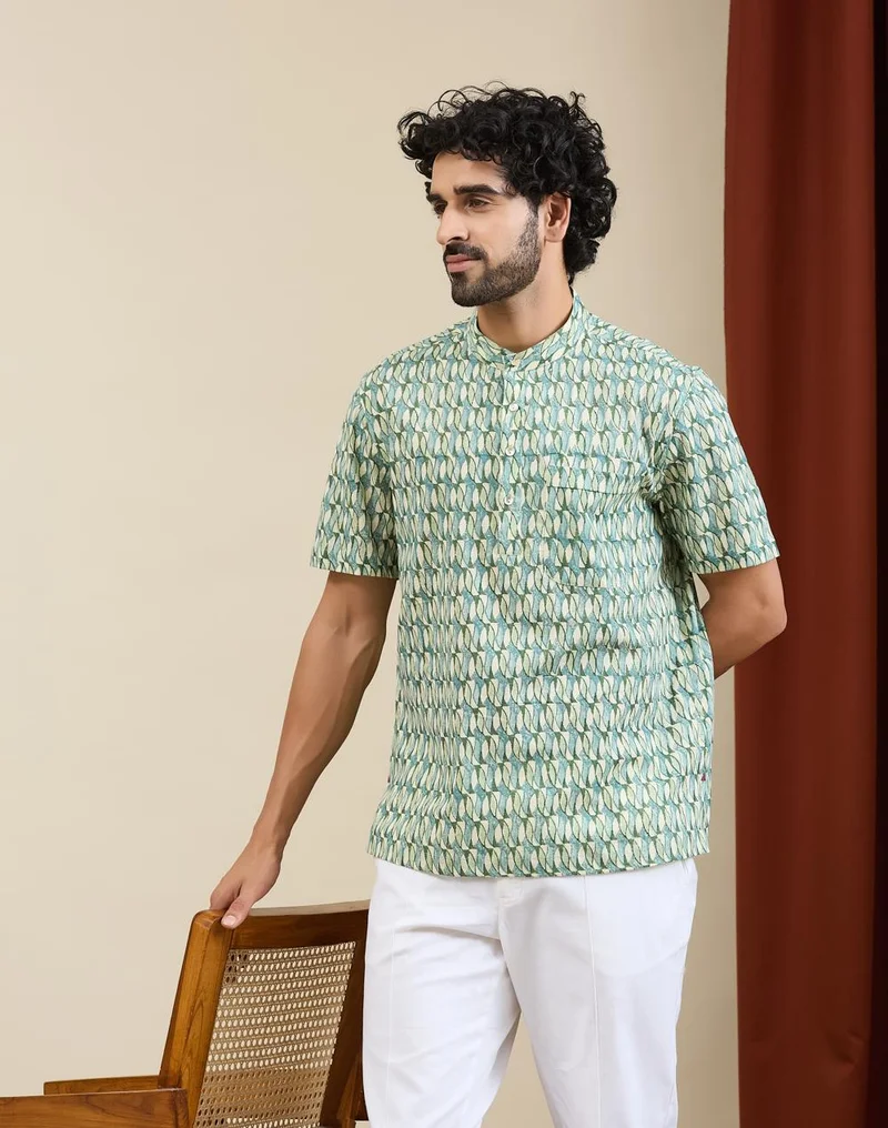 فاب انديا Green-Blue Cotton Hand Block Printed Mid Placket Shirt