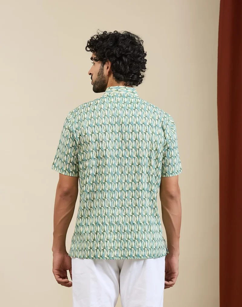 Fabindia  Green-Blue Cotton Hand Block Printed Mid Placket Shirt for Men | Best Price UAE