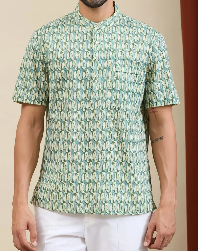 Fabindia  Green-Blue Cotton Hand Block Printed Mid Placket Shirt for Men | Best Price UAE