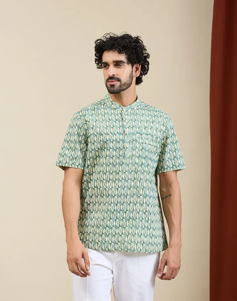 فاب انديا Green-Blue Cotton Hand Block Printed Mid Placket Shirt