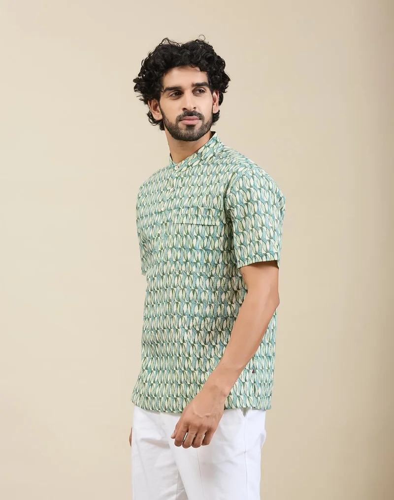 Fabindia  Green-Blue Cotton Hand Block Printed Mid Placket Shirt for Men | Best Price UAE