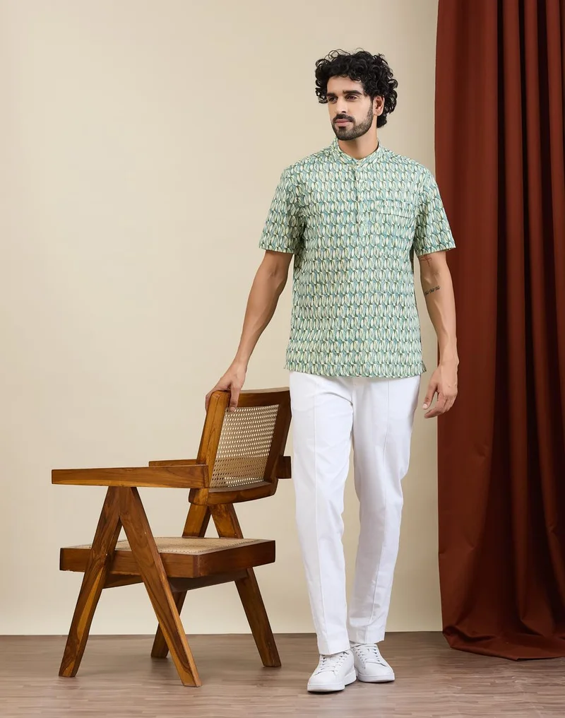 Fabindia  Green-Blue Cotton Hand Block Printed Mid Placket Shirt for Men | Best Price UAE