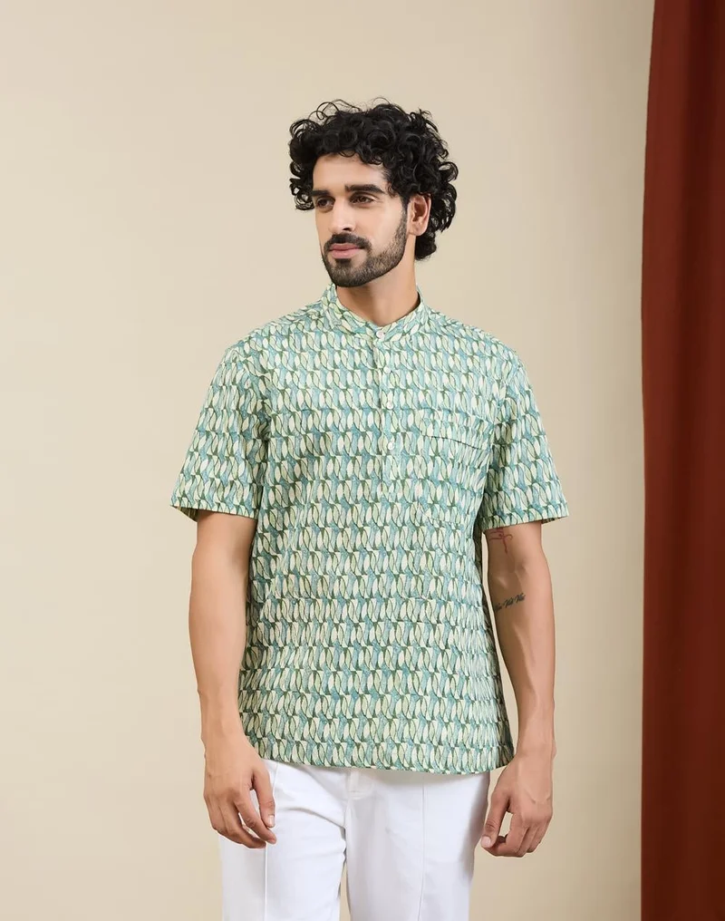 فاب انديا Green-Blue Cotton Hand Block Printed Mid Placket Shirt