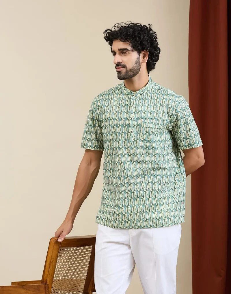 فاب انديا Green-Blue Cotton Hand Block Printed Mid Placket Shirt