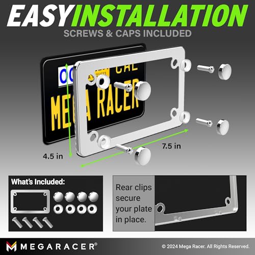 Mega Racer إطار لوحة ترخيص دراجة نارية من الكروم المرآة الفاخرة 1 عبوة - فولاذ مقاوم للصدأ، خالي من الاهتزاز، قانوني في الشارع لحامل علامة الموتور/السكوتر، يناسب هارلي ديفيدسون وهوندا، Porta Placa Para Moto - Image 5