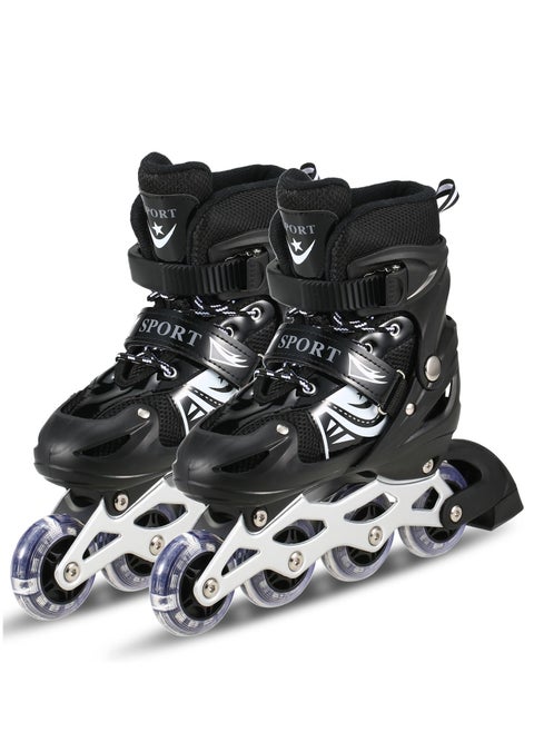 حذاء باتيناج قابل للتعديل عجل صف واحد فلاش LED، أسود - Size Small 31-34