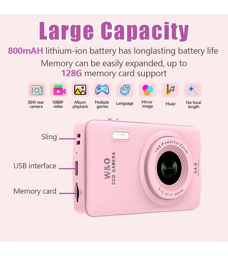 Pink Digital Camera 1080P Video 16X Zoom Compact Camcorder - Image 3