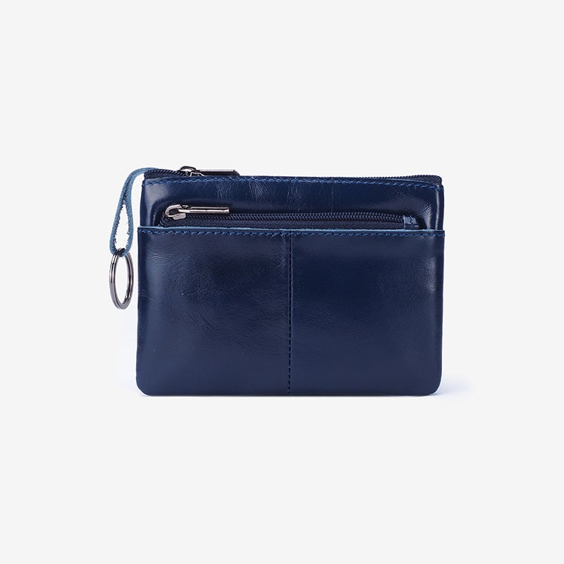 New Trendy Genuine Leather Mens Simple Coin Purse Womens Zipper Hand Wallet Vintage Short Cowhide Card Bag Cross-Border Dark Blue