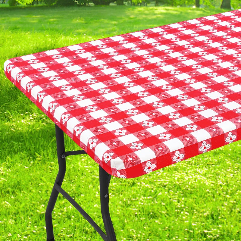 Spotjoy Rectangle Vinyl Table Cloth Waterproof Elastic Fitted Tablecloth with Flannel Backing Plastic Table Cover for Picnic Camping Outdoor Red White 30x72