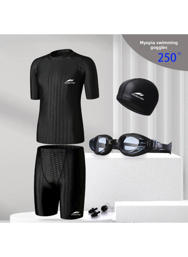 Loquat Pisces Men's Shark-like Swimsuit Plus Size Five-point Quick-drying Anti-embarrassment Sun Protection Boxer Swimming Trunks Professional Swimming Suit-Color:Imitation Shark Four-piece Set-myopia 250- - Image 1