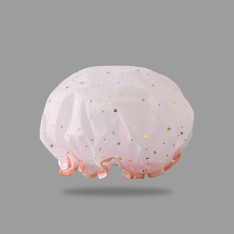Cute Star Double Layer Shower Cap for Women Star Pink 