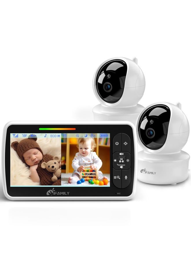 iFamily Split Screen Baby Monitor, Large Display Video Baby Monitor with 2 Cameras and Audio, Long Range, Remote pan tilt, Night Vision, Temperature Sensor, 2 Way Talk, Feeding Clock and lullabies. - Image 1
