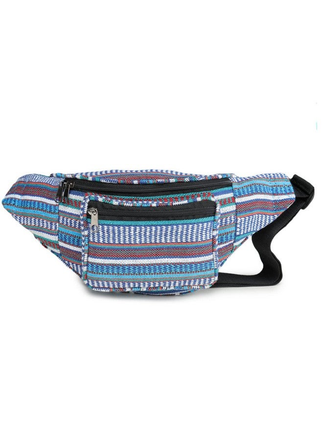 K London Stylish Canvas Dari Woven Multi Colored Ethnic Design Waist Pack Waist Pouch Travel Pouch Passport Holder Waist Bag with Adjustable Strap(11700_Lurex_Dari_Blue) - Image 1