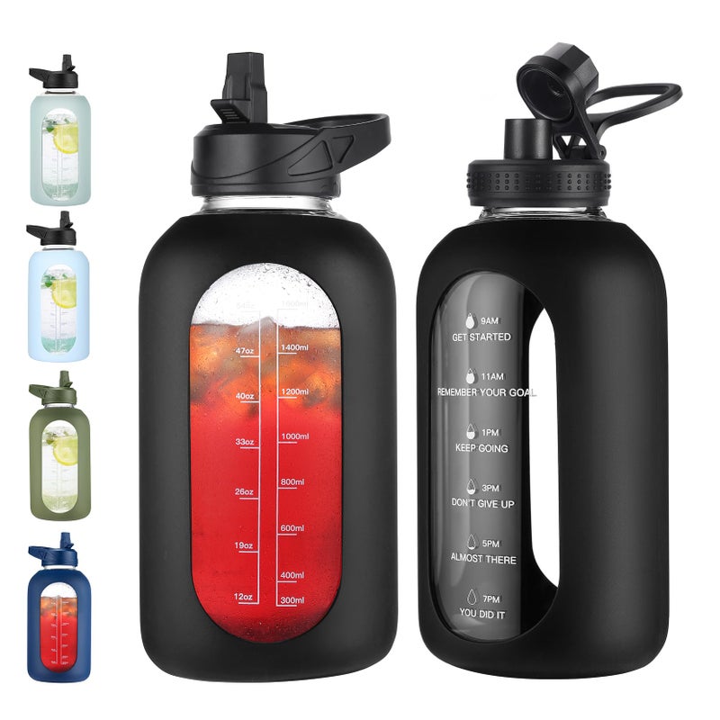 EALGRO 64 oz Glass Water Bottle With Straw and Handle, Half Gallon Sports Motivational Water Jug Flask with Silicone Sleeve, Large Water Cup with Time Marker for Travel, Gym, Black - Image 1