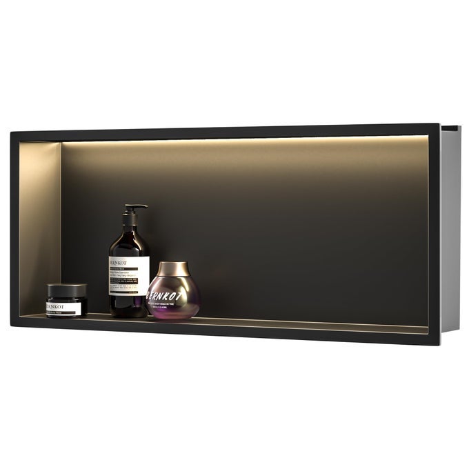 LED SHOWER NICHE 30 X 12 MATTE BLACK 304 STAINLESS STEEL WITH LIGHTING WATERPROOF NO TILE NEED SHOWER SHELF FOR BATHROOM RECESSED WALL SHELF HORIZONTAL NICHE