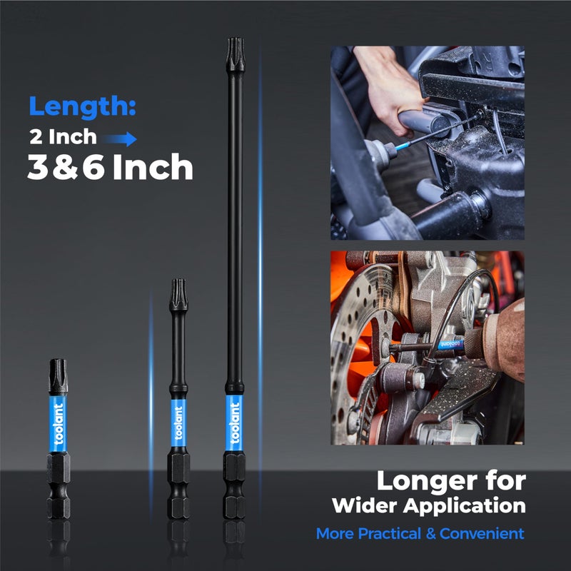 Toolant 6" Impact Long Torx Bit Set 13pcs (TT7-TT40), 1/4 Hex-Shank S2 Steel Security Torx With CNC Machined Tips, Tamper Proof Star, Magnetic Impact Holder and Storage Box - Image 2