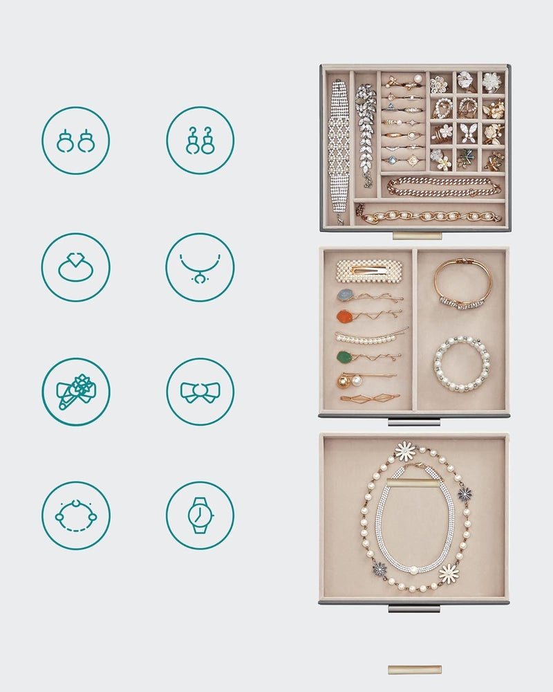 SONGMICS Jewelry Box with Glass Lid, 3-Layer Jewelry Organizer, 2 Drawers, 8 x 9.1 x 5.3 Inches, Interstellar Gray and Gold Color - Image 3