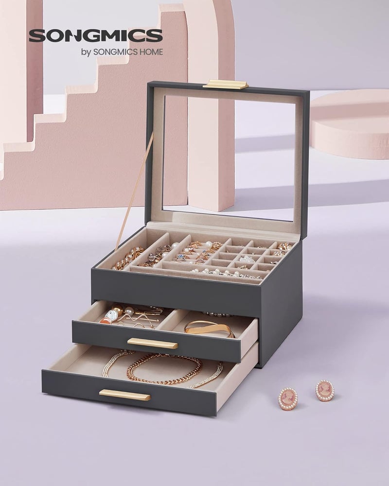 SONGMICS Jewelry Box with Glass Lid, 3-Layer Jewelry Organizer, 2 Drawers, 8 x 9.1 x 5.3 Inches, Interstellar Gray and Gold Color - Image 2