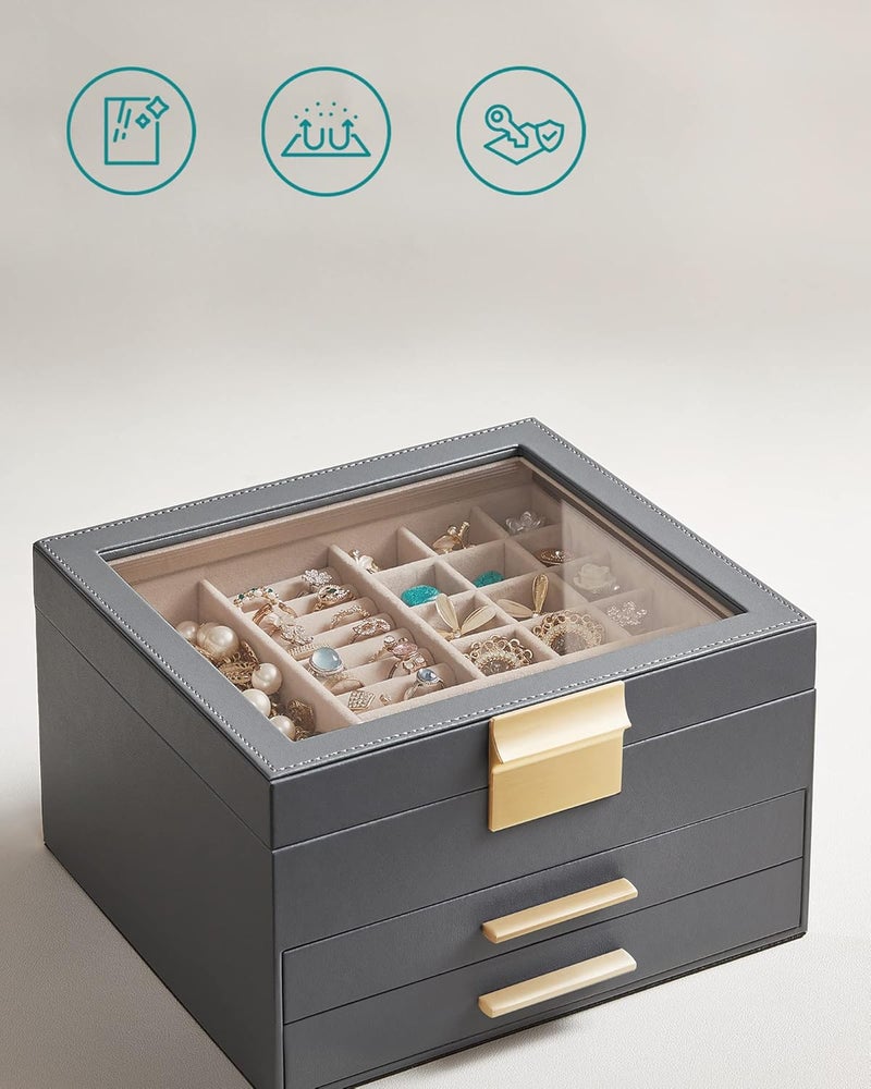SONGMICS Jewelry Box with Glass Lid, 3-Layer Jewelry Organizer, 2 Drawers, 8 x 9.1 x 5.3 Inches, Interstellar Gray and Gold Color - Image 4