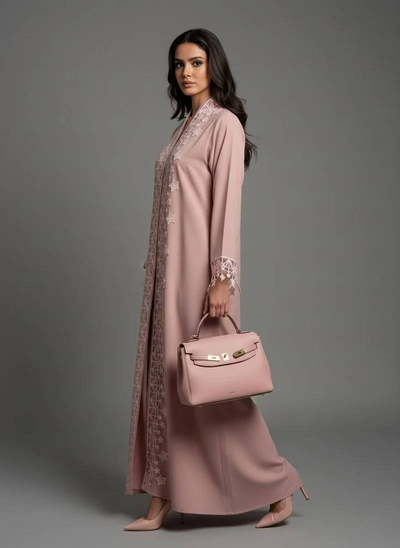 MSquare Fashion  Pink Designer Star Lace with Matching Headscarf Front Open Abaya for Women | Best Price UAE