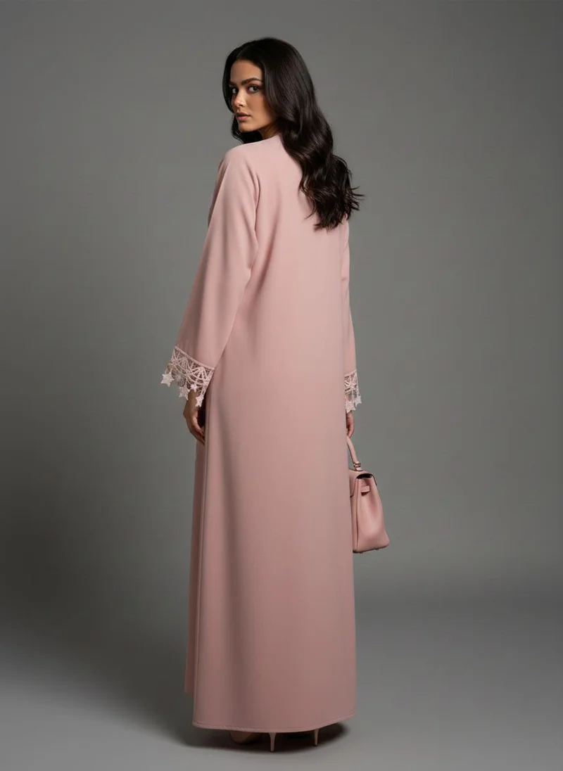 MSquare Fashion  Pink Designer Star Lace with Matching Headscarf Front Open Abaya for Women | Best Price UAE