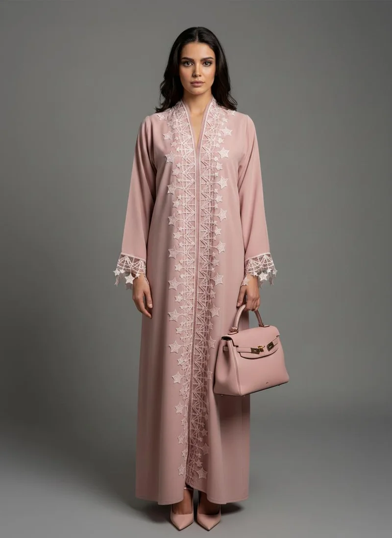 Pink Designer Star Lace with Matching Headscarf Front Open Abaya