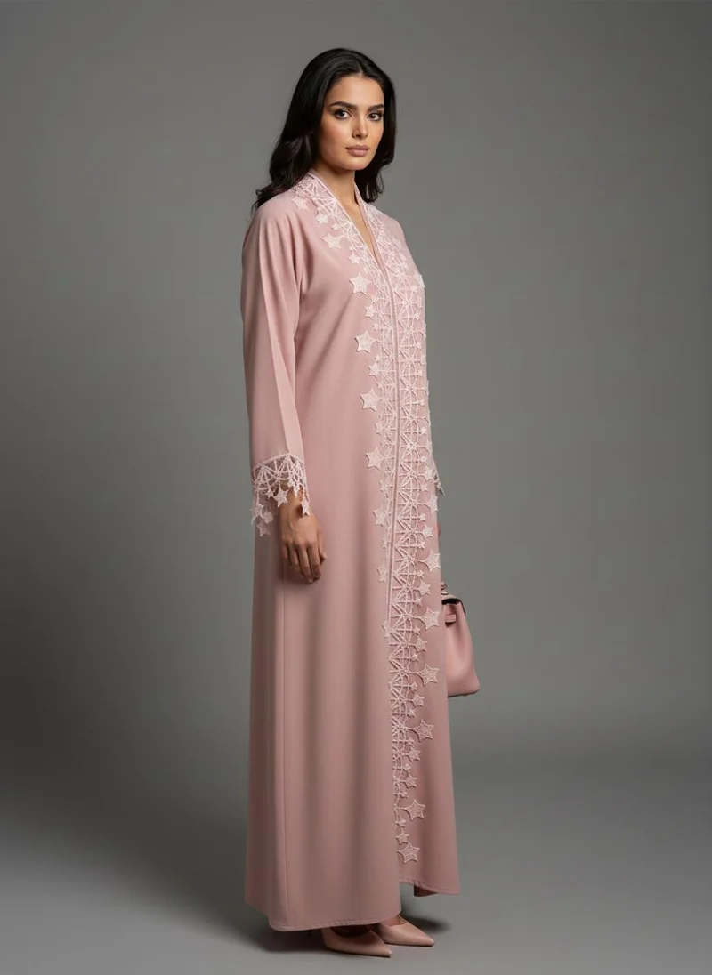 MSquare Fashion  Pink Designer Star Lace with Matching Headscarf Front Open Abaya for Women | Best Price UAE