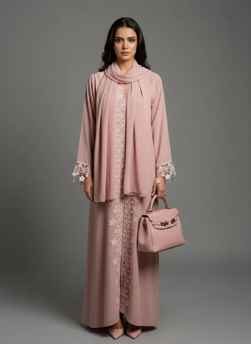 MSquare Fashion  Pink Designer Star Lace with Matching Headscarf Front Open Abaya for Women | Best Price UAE