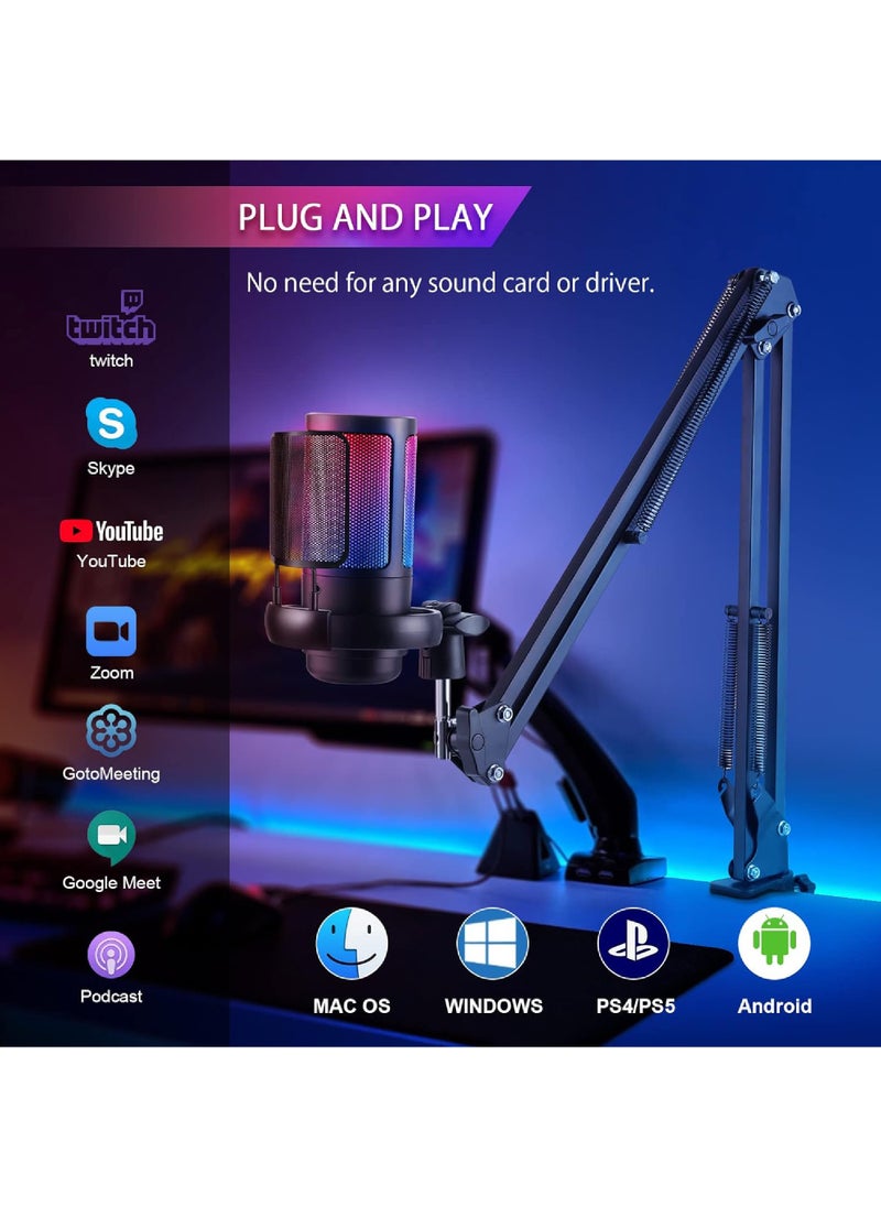 USB PC Gaming Microphone with RGB Light. Condenser Microphone with Mute on, Volume Control, 3.5mm Headphone Jack. Compatible with Windows, Mac OS, Smartphones