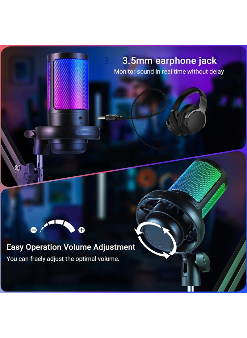 USB PC Gaming Microphone with RGB Light. Condenser Microphone with Mute on, Volume Control, 3.5mm Headphone Jack. Compatible with Windows, Mac OS, Smartphones