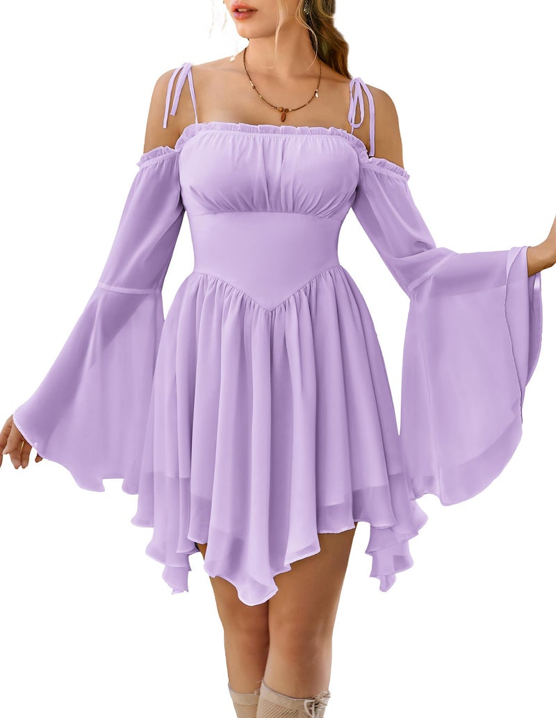 Scarlet Darkness Womens Renaissance Fairy Dress A Line Boho Off Shoulder Corset Dress with Pockets Light Purple XL - Image 2