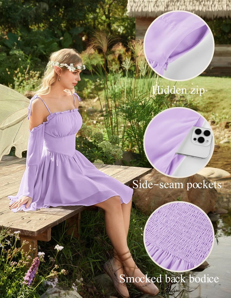 Scarlet Darkness Womens Renaissance Fairy Dress A Line Boho Off Shoulder Corset Dress with Pockets Light Purple XL - Image 4