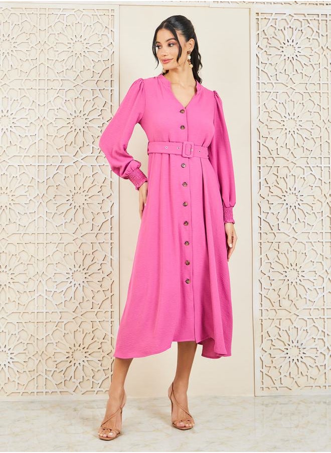 Styli - Smocked Cuff Sleeves Woven Belted Shirt Midi Dress - Image 1