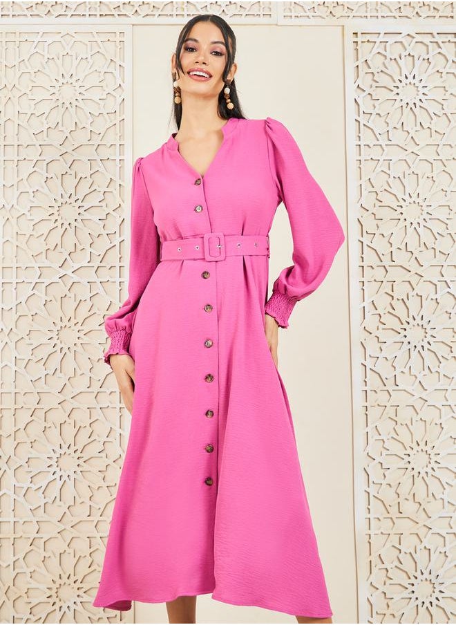 Styli - Smocked Cuff Sleeves Woven Belted Shirt Midi Dress - Image 1