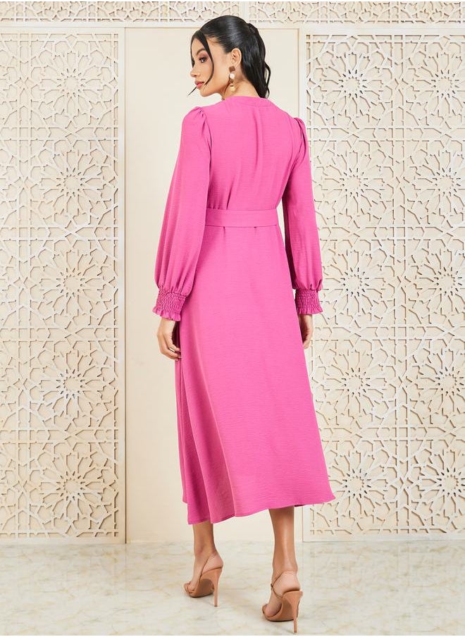 Styli - Smocked Cuff Sleeves Woven Belted Shirt Midi Dress - Image 1